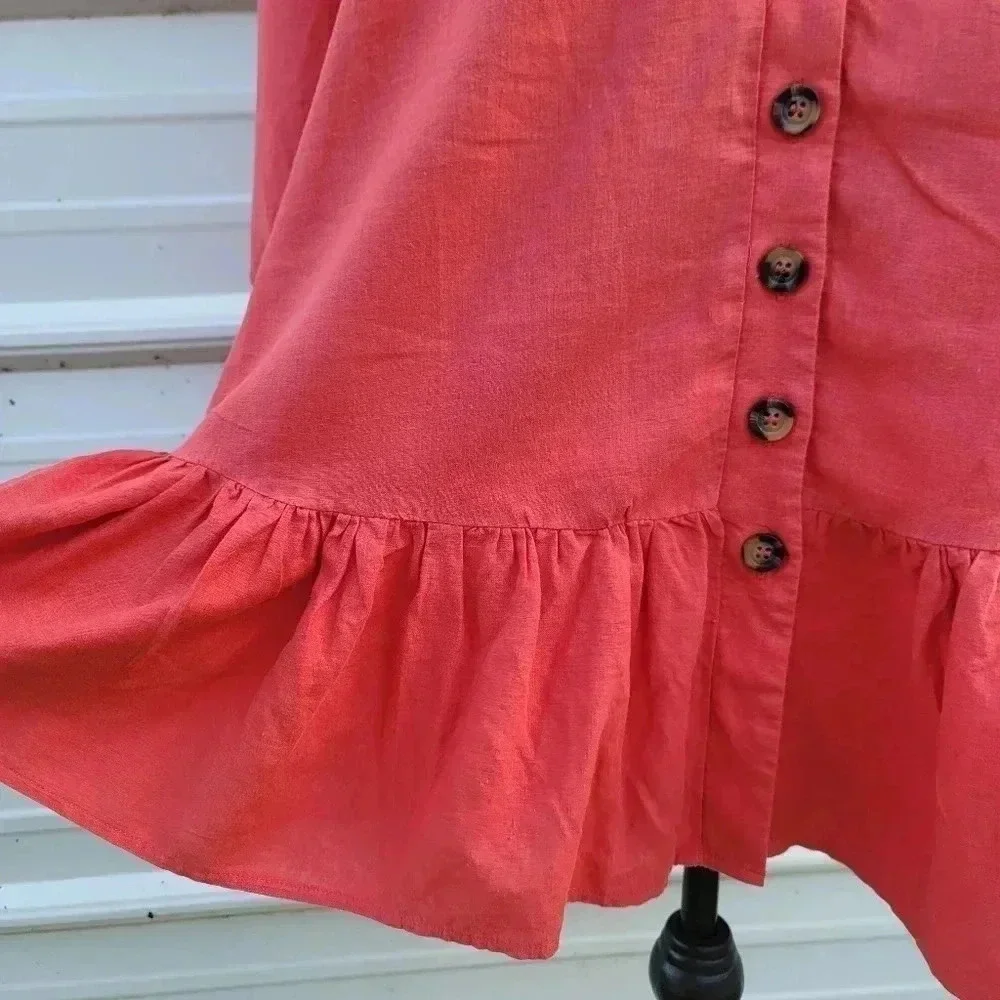 Chelsea & Theodore Dress PL Petite Women's Red Linen Blend Button Front Long Sle